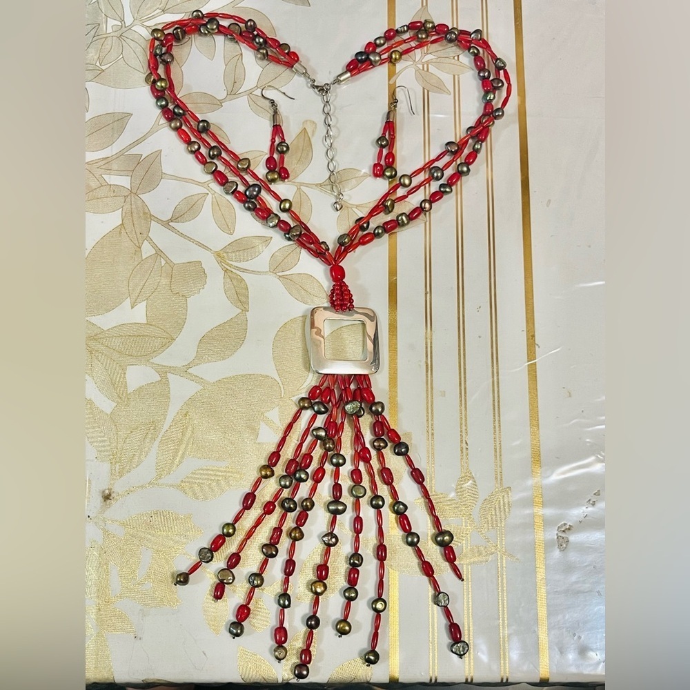 Jay King DTR Genuine Red Coral & Pearls 925 Sterling Silver Necklace Earrings